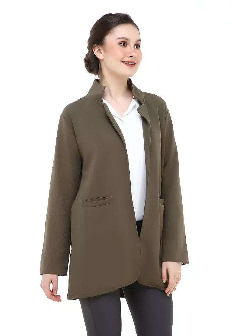 Qemsya Blazer Wanita Two Pockets Two Tone Casual Longsleeve Outer Material Bubbly Strecth ORIGINAL - Army