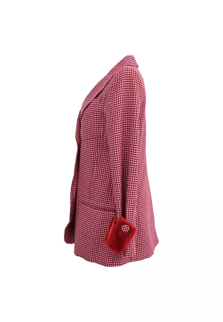 Pre-Loved Fendi Double-breasted Plaid Fur-trimmed Blazer In  Red Wool
