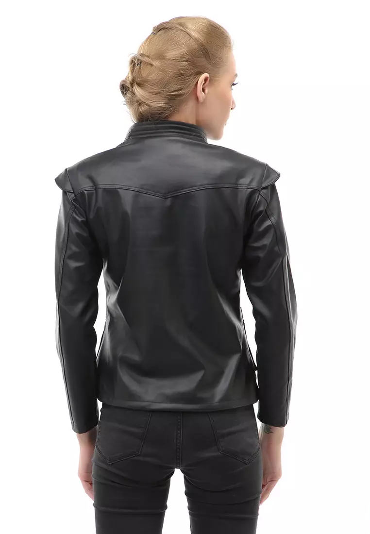 Glenice Jacket Kulit Casual Wanita Zipper Pocket Material Leather ORIGINAL - Black