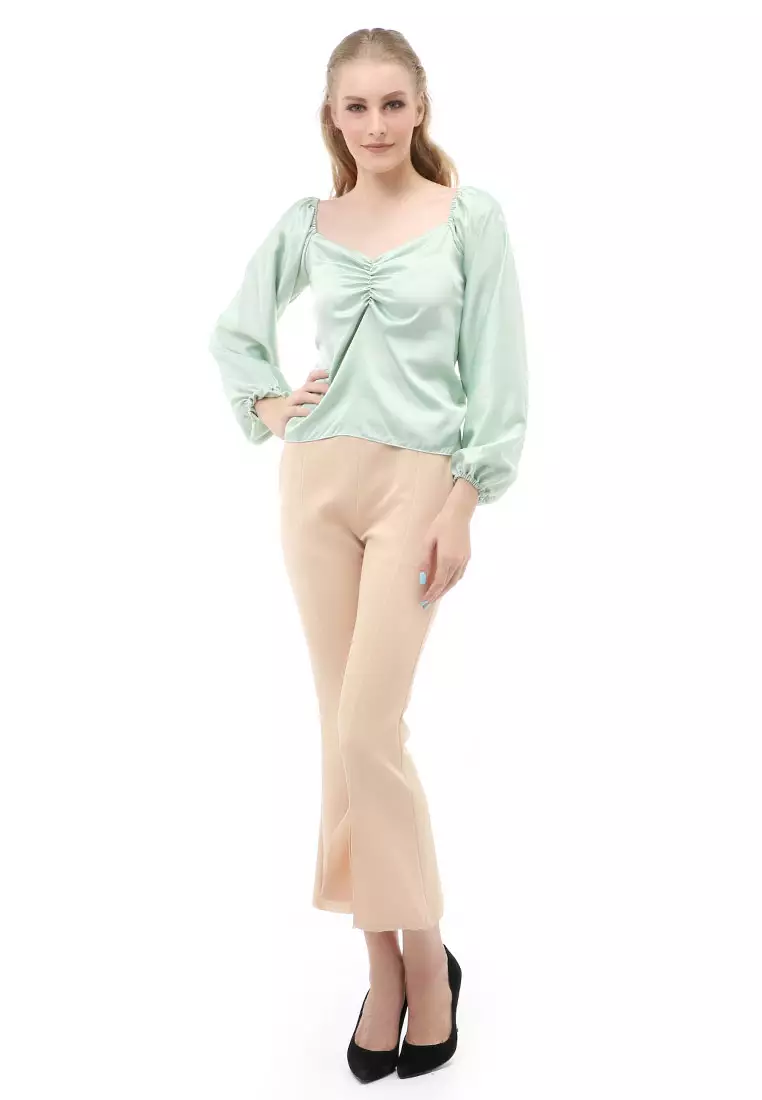 Cheva Blouse Casual Wanita Sabrina Kerut Dada Lengan Panjang Material Satin ORIGINAL - Tosca