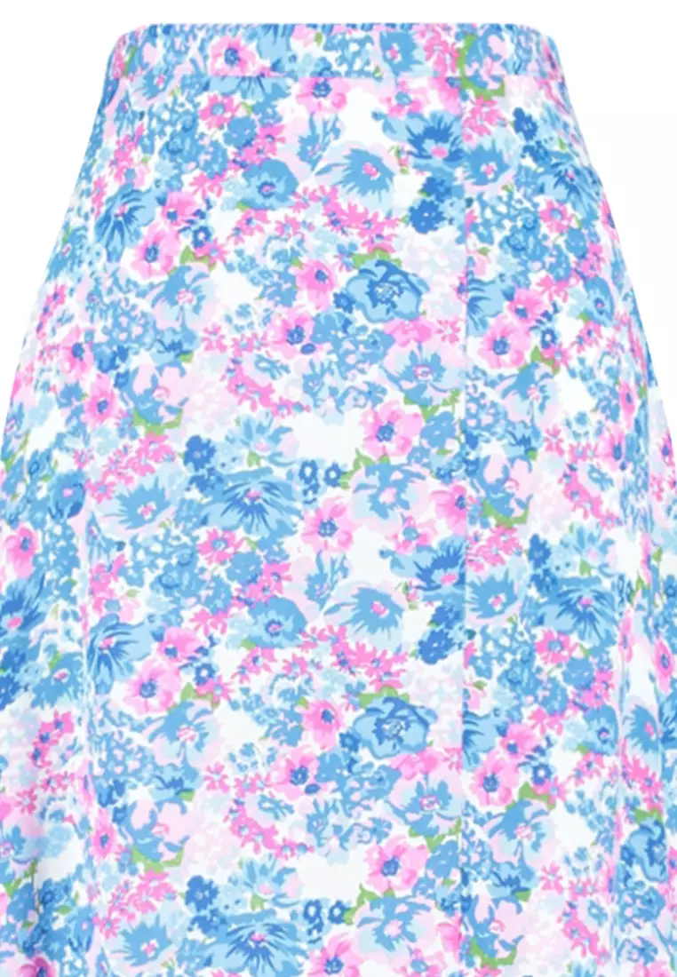Indigo-Ecru Midi Skirt with Floral Pattern and Viscose Fabric with a Slit Detailed Detail