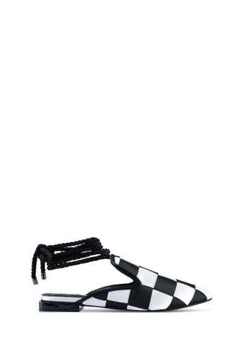 House of Avenues white Ladies Color Blocking Plaid Pattern Flat Mule Sandal With Ankle Strap 4481 White 729E1SH3953C21GS_1
