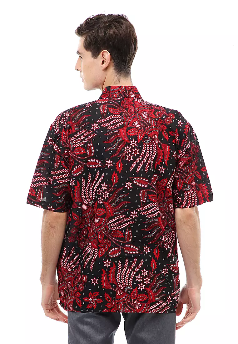 Kendrick Atasan Formal Kemeja Batik Pria Motif Manggar Abang Short Sleeve Full Furing Material Cotton ORIGINAL - Red