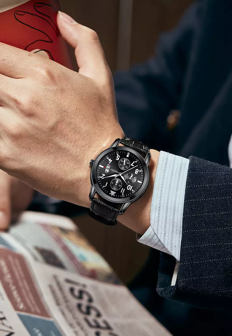 Jam Tangan Pria 7004 Original Anti Air Kuarsa Tali Kulit Jam Tangan Cowok black