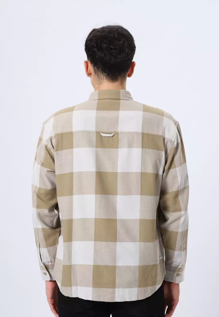 BASTIEN - BEIGE WHITE PEPPER Kemeja Flannel Casual Pria Lengan Panjang LS - Top Man Shirt