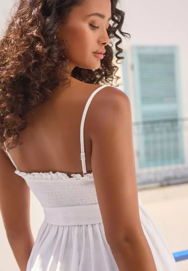 Shirred Premium 100% Linen Summer Midi Dress