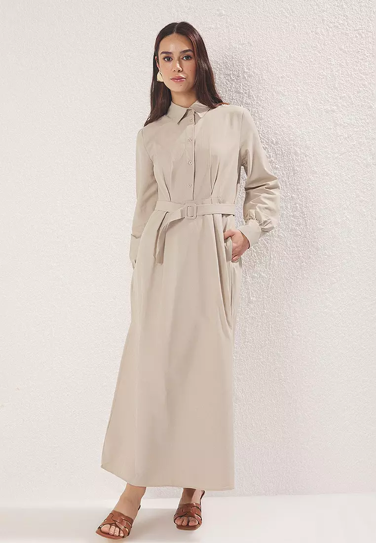 Beige Shirt Collar Fabric Belted Woven Dress TCTSS25EB00006