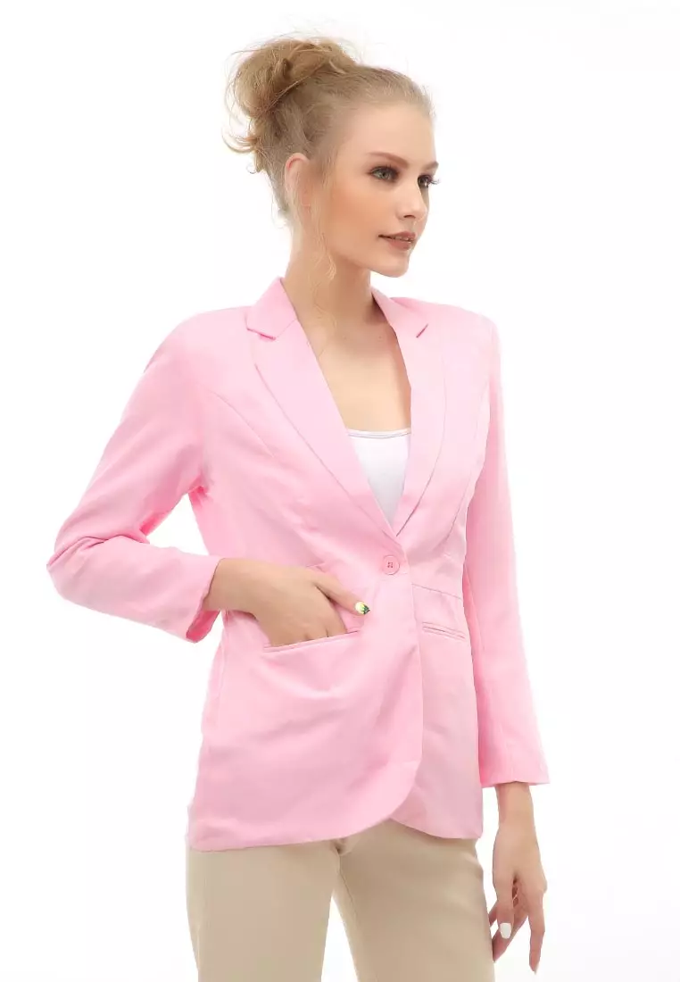 Qemsya Outer Blazer Kasual Formal Wanita Lengan Panjang Material Wool Twist ORIGINAL - Pink