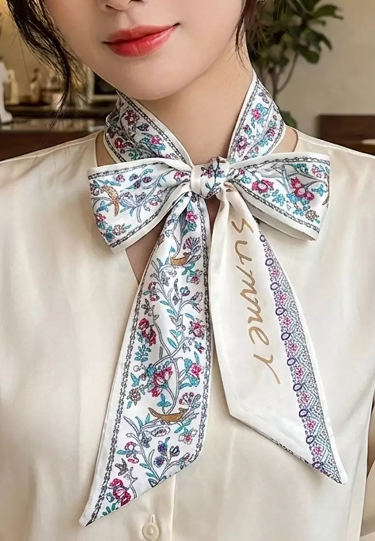 Aksesoris Wanita Double side Floral Twilly Skinny Multi purpose Scarf White & Multi 