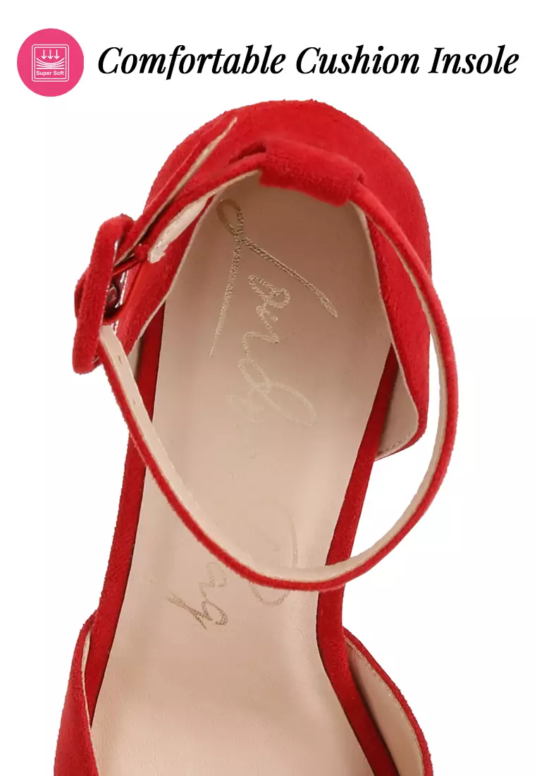 Sandal Tumit Platform Tali Pergelangan Kaki Merah