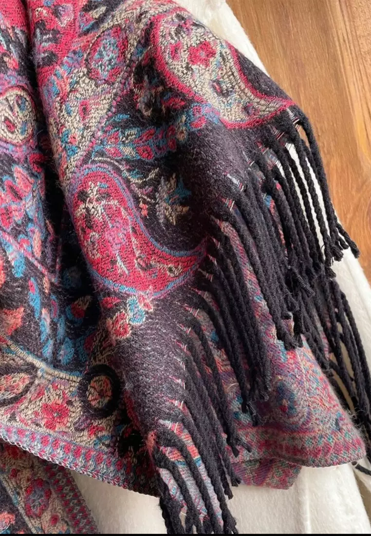 Syal Wanita Reversible Paisley Pattern Cashmere Pashmina Shawl Regal Maroon