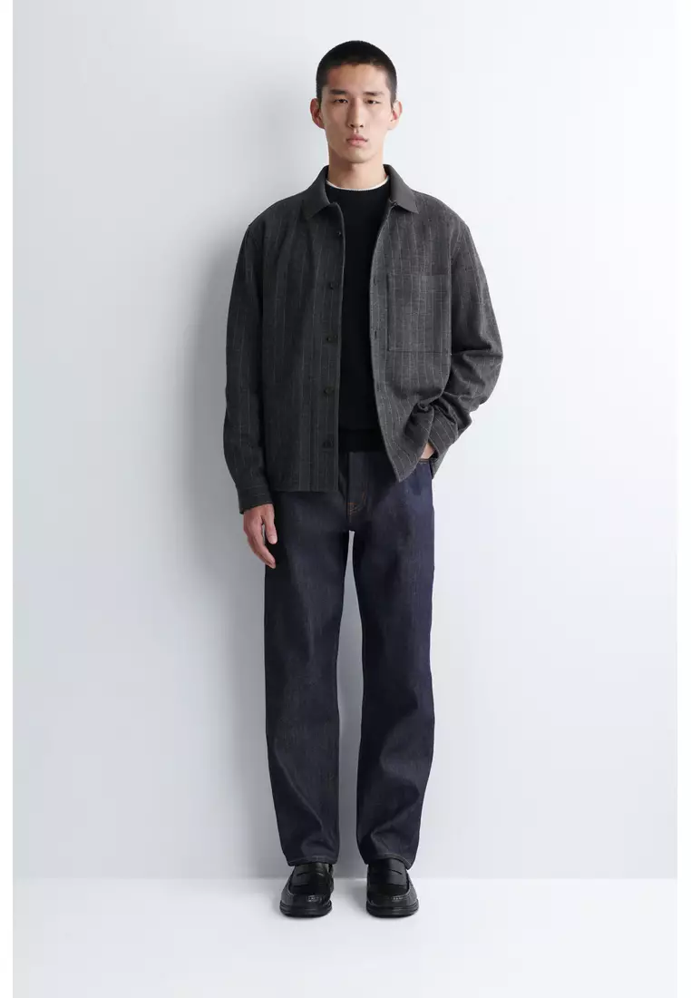 RELAXED PINSTRIPED WOOL-BLEND JERSEY SHIRT