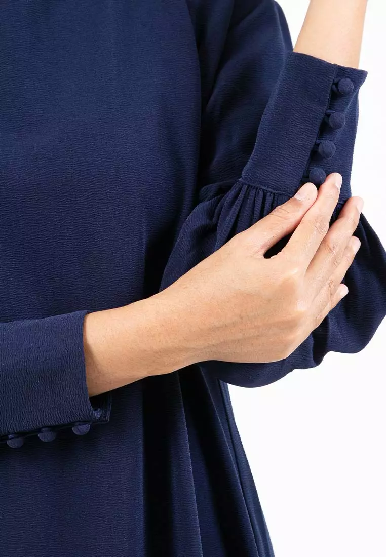 Forest x Hatta Dolmat Ladies Woven Plain Textured Cuffed Long Sleeve Midi Dress - 885069-33Navy
