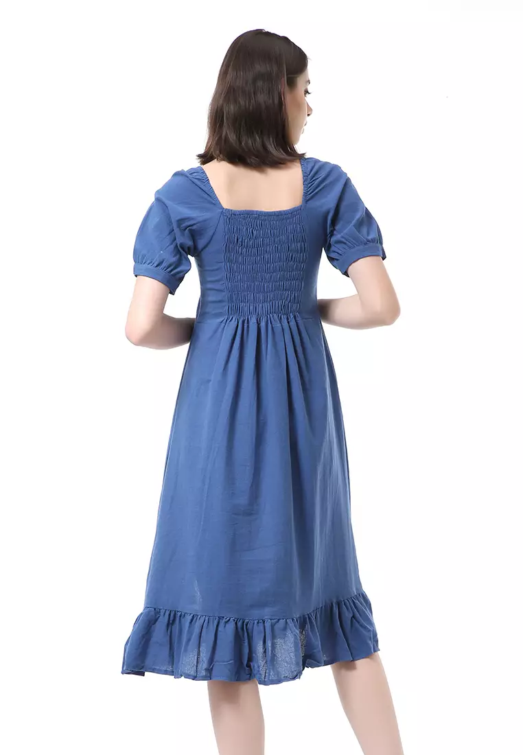 Rachel Midi Dress Rample Wanita Vintage Bottom Lengan Pendek Material Linen ORIGINAL - Navy