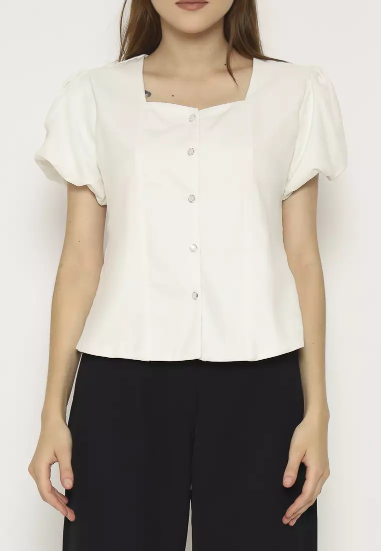 Urban Exchange Angela White Blouse - Atasan Blouse Putih Wanita Lengan Pendek