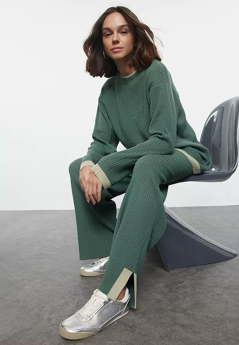 Petrol Green Colored Piping Detailed Knitwear Bottom-Top Set TCTAW25US00059