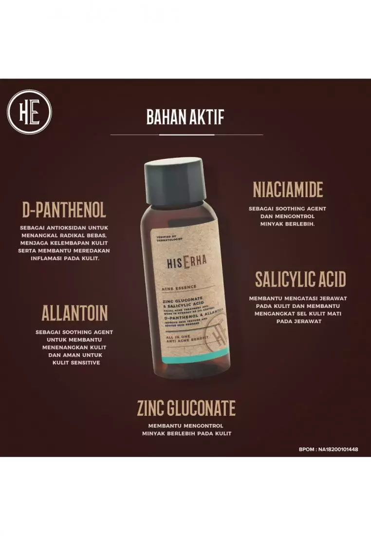 His Erha Gentle Acne Essence All In One With Zinc Gluconate, Salicylic Acid, D-Panthenol, & Allantoin - Serum Wajah Pria Berjerawat