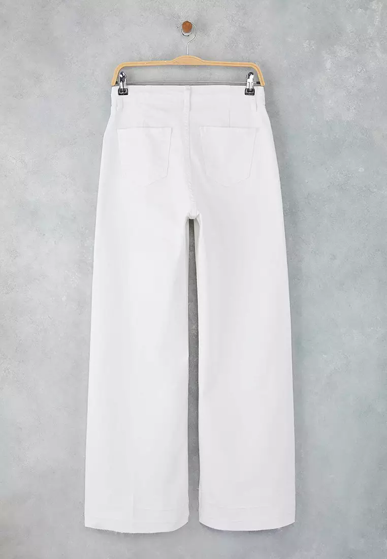 White High Waist Ribbed Detailed Cut-Out Wide Leg Jeans