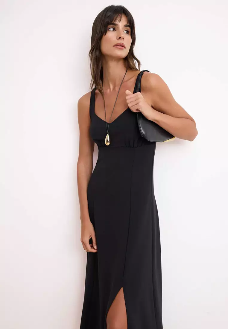 Black A-Line/A Bell Form Sweetheart Neck Sleeveless Maxi Scuba Crepe Knitted Dress Twoss26El262