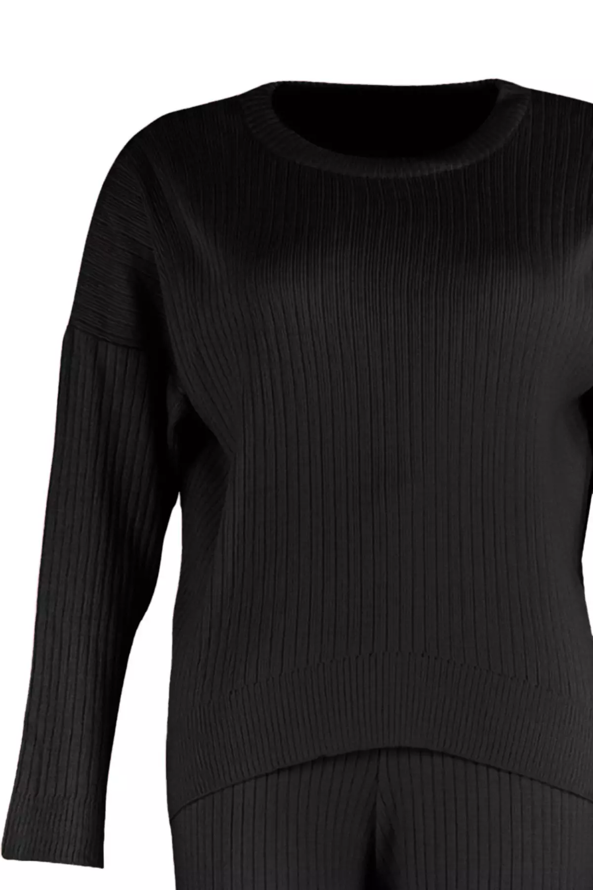 Plus Size Black Knitwear Sweater And Trousers Set Ribbed Crew Neck