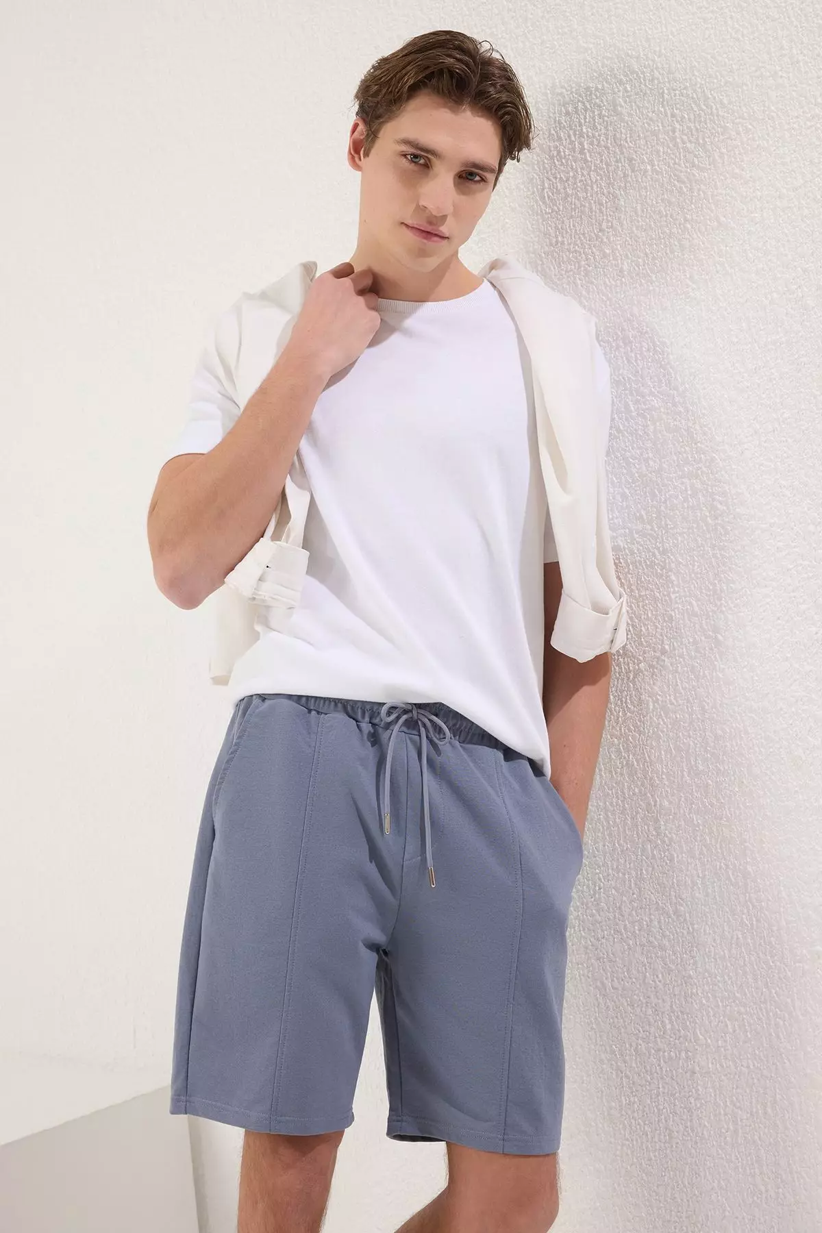 Blue Regular Cut Medium Elastic Waist Laced Stitching Detail Shorts  TMNSS20SR0070