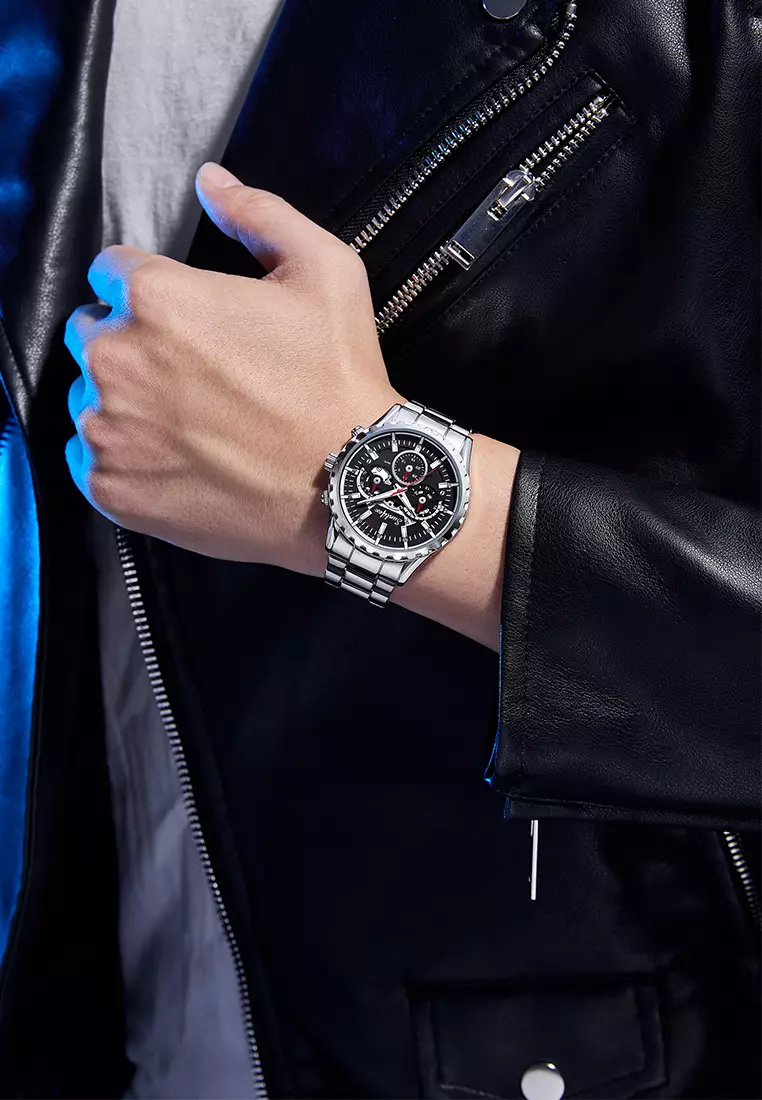 Jam Tangan Pria 8081 Kuarsa Hollow Design Kalender Tali Stainless Steel Jam Tangan Cowok Silverblack