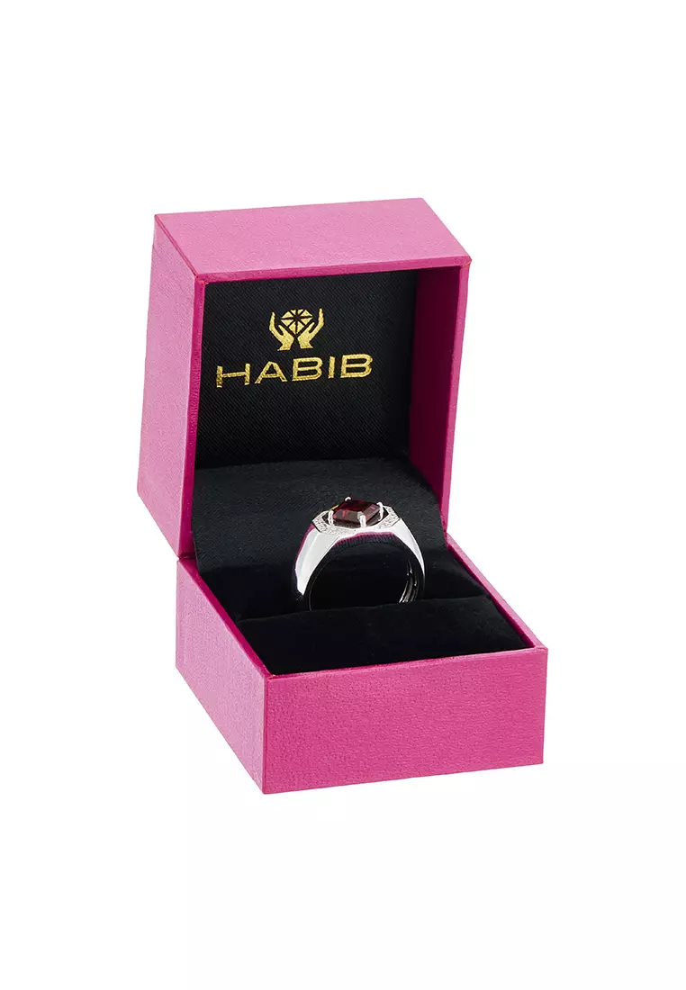 HABIB Square Garnet and Diamond Men's Ring in 925 Silver Palladium 271900125(PLD)-GARN