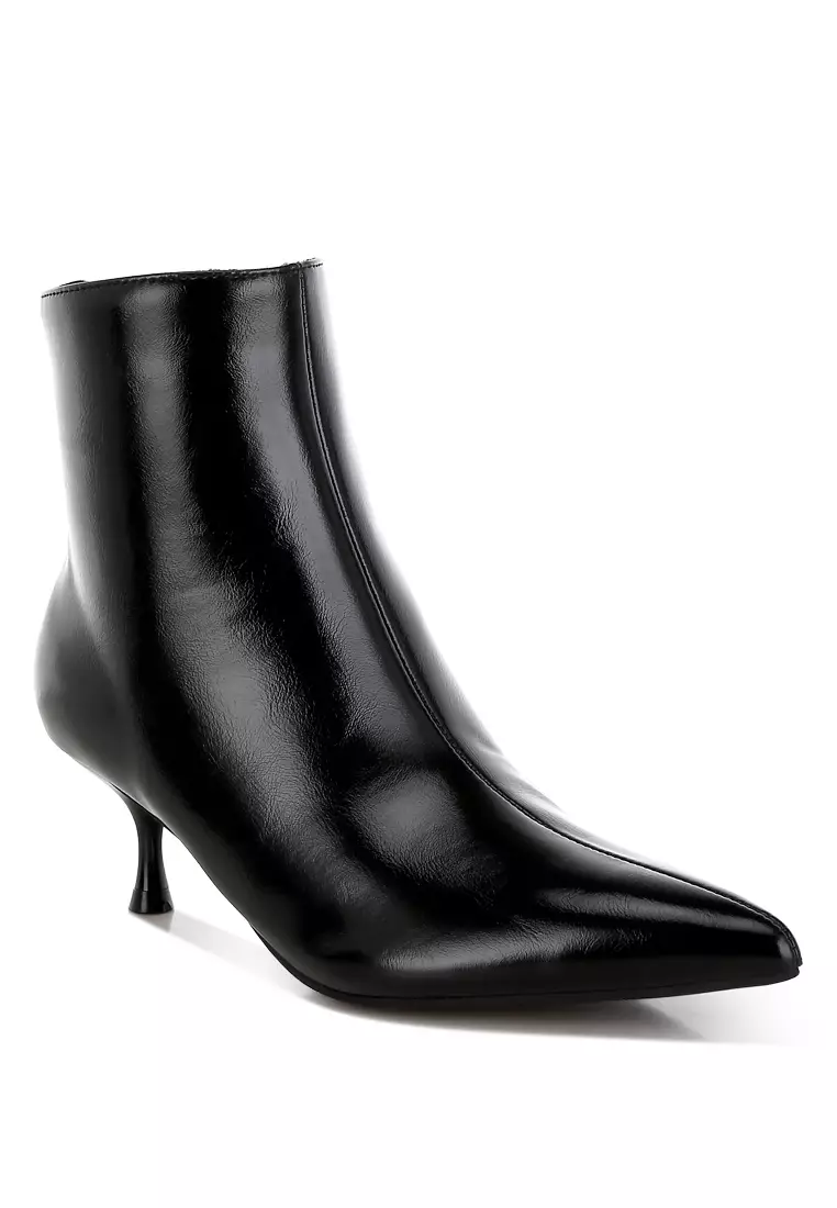 Faux Leather Kitten Heel Boots in Black