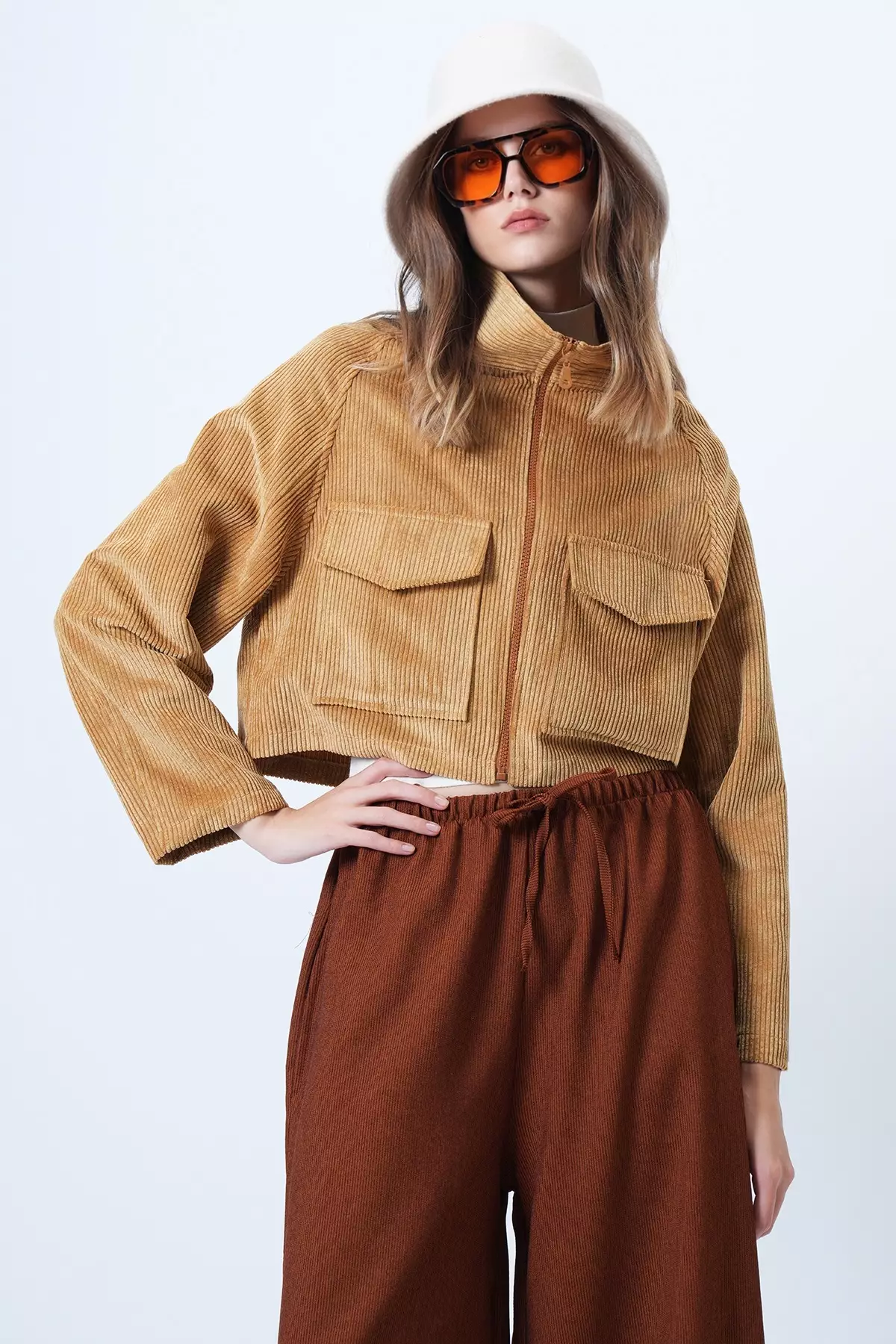 Mustard Double Pocket Raglan Sleeve Velvet Jacket Alc-X14604
