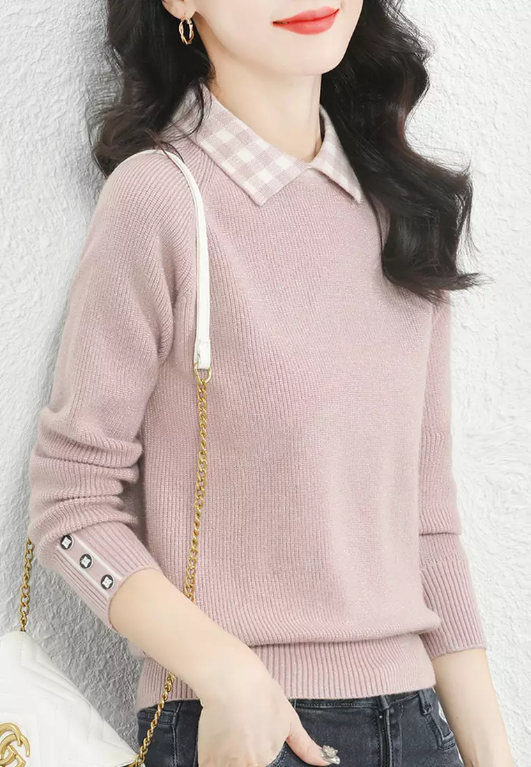 French Check Lapel Long Sleeve Sweater