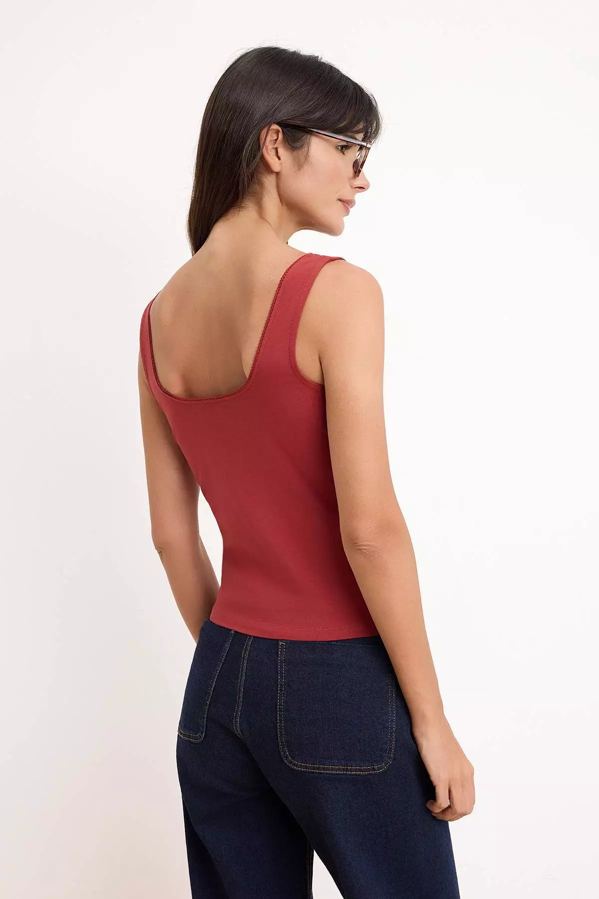 Tile Fitted/Square Neck Thick Strap Sleeveless Cotton Stretch Knitted Undershirt Twoss26Al3