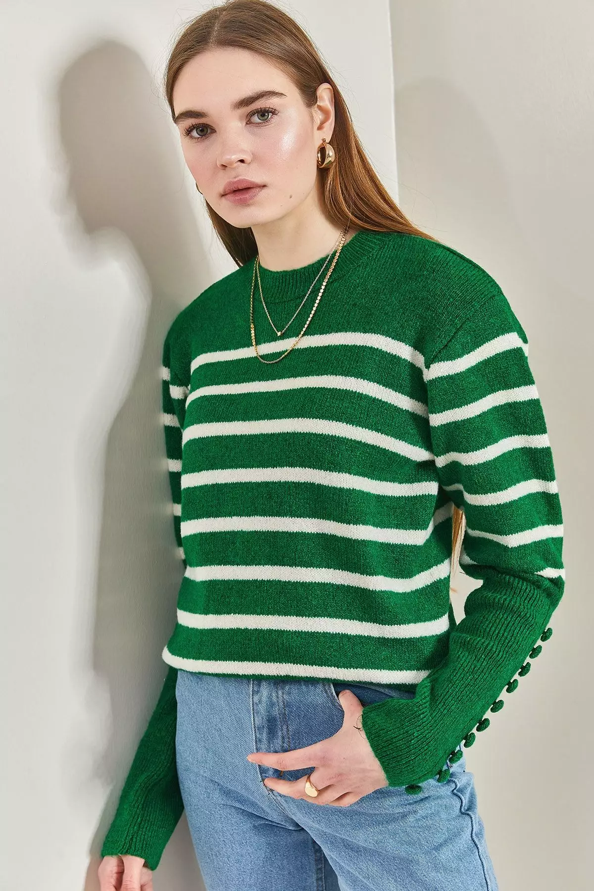 Women's Striped Knitwear Sweater With Cufflinks
