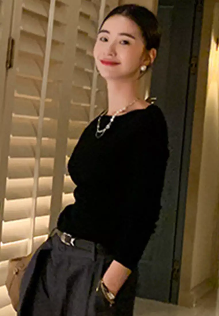 F/W 新款綿羊毛針織修身長袖女士上衣 A22090710BK