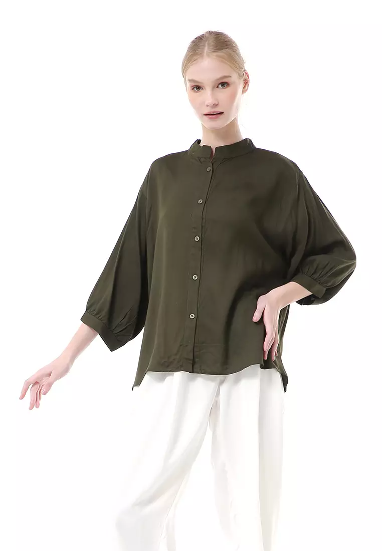 Ghita Kemeja Atasan Wanita Motif Polos Long Sleeve High Quality - Army
