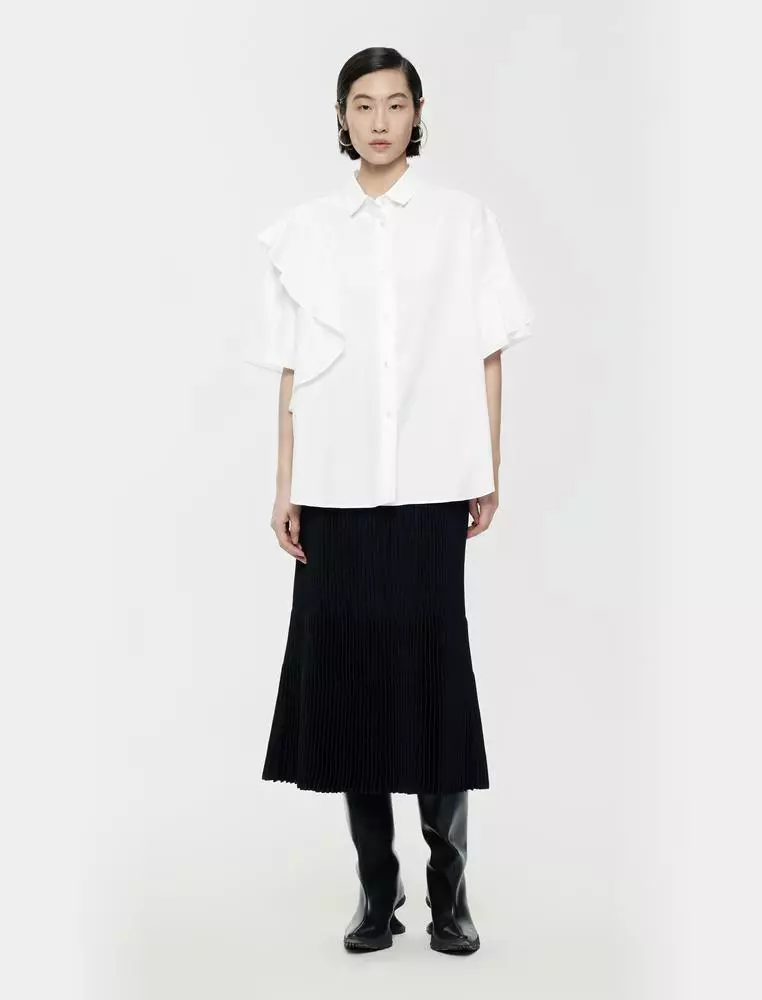 Ruffle Trim Polo Collar Short Sleeve Shirt