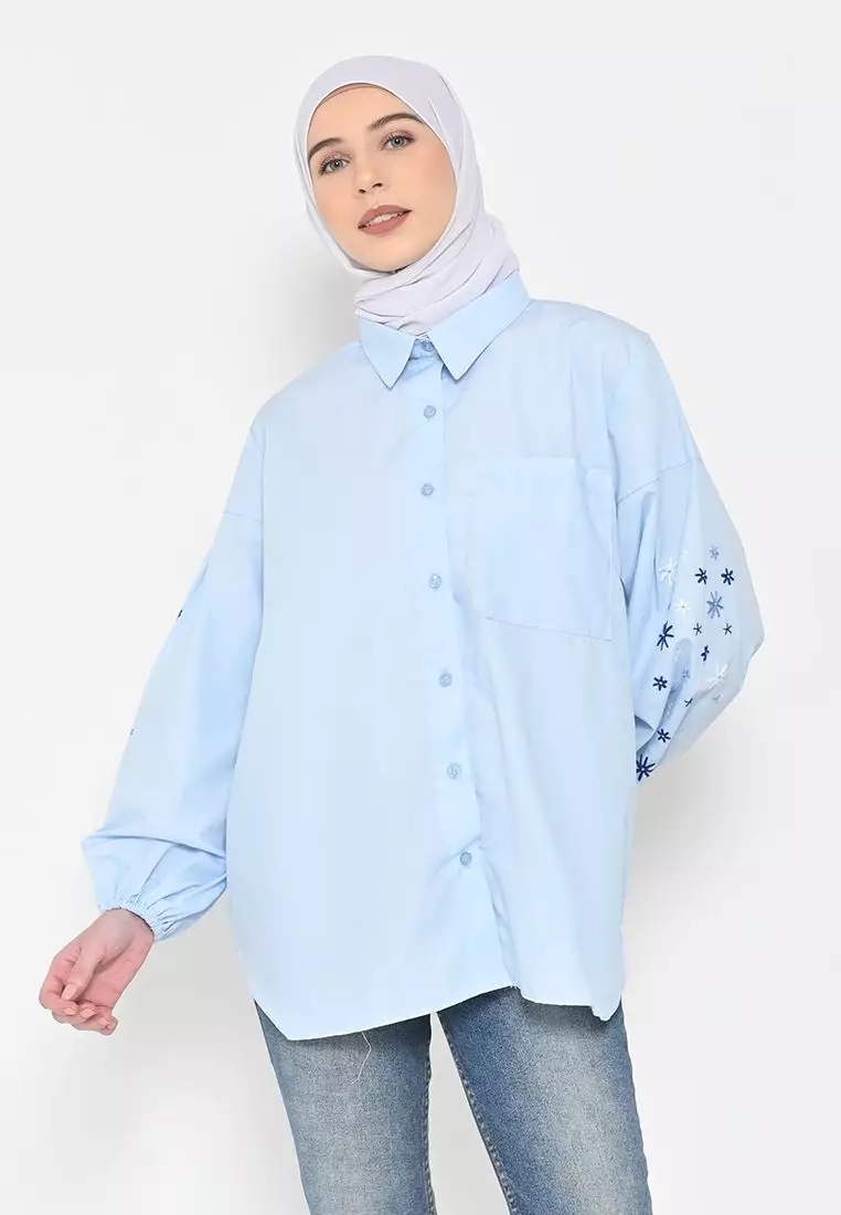 Kinaya Embrodery Top Powder Blue - Blouse Atasan Wanita