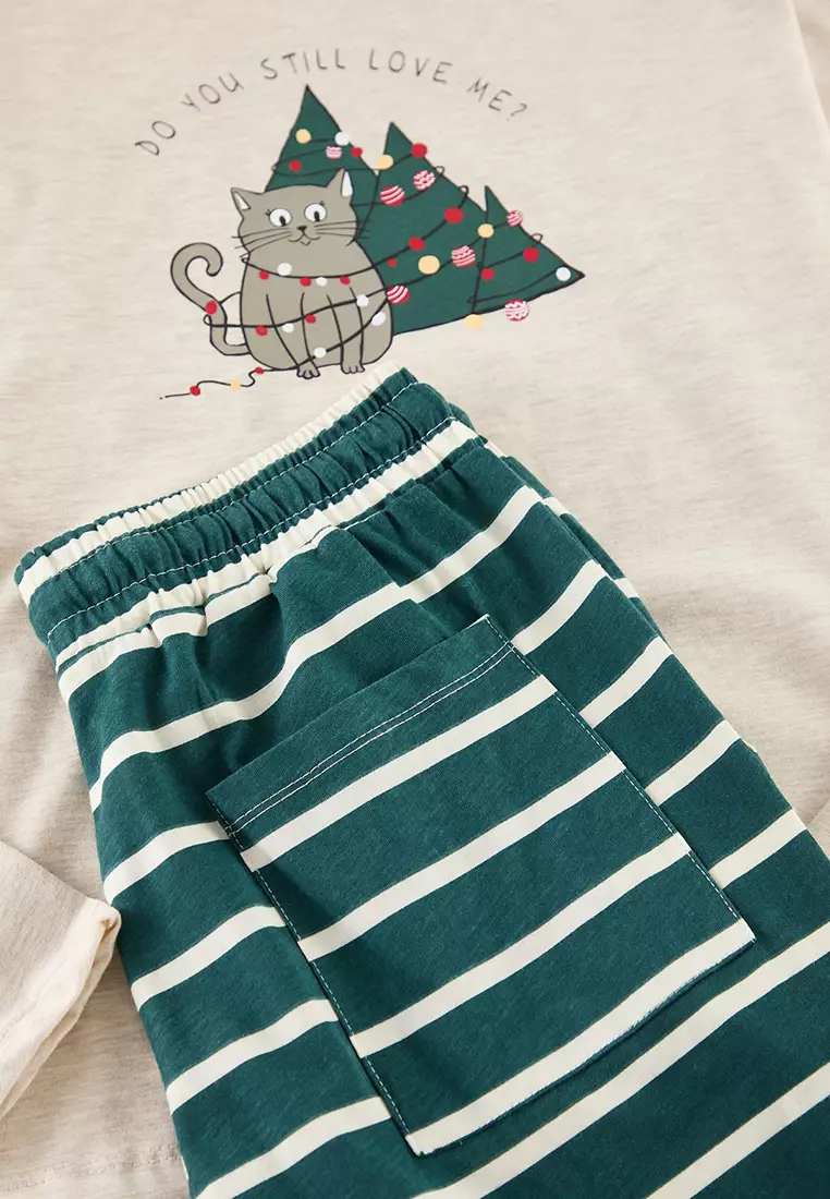 Beige Striped Regular Fit Couple Christmas Knitted Pajama Set TMNAW25PT00045