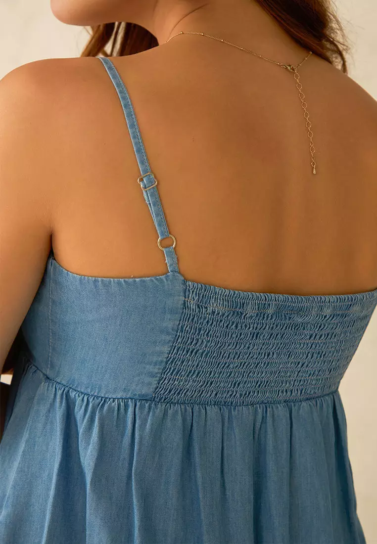 VIRGIO 100% Cotton Smocking Light Blue Mini Dress