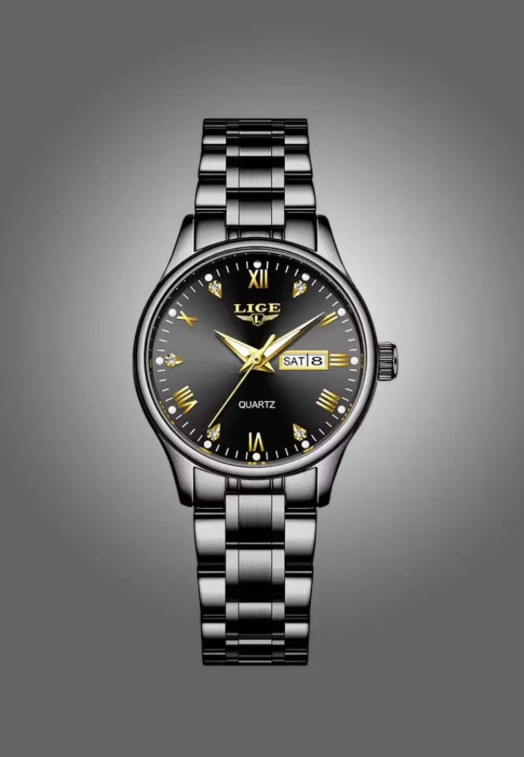 Ladies Day/Date Light Metal Alloy Quartz Watch, 29mm Diameter, Stainless Steel Bracelet