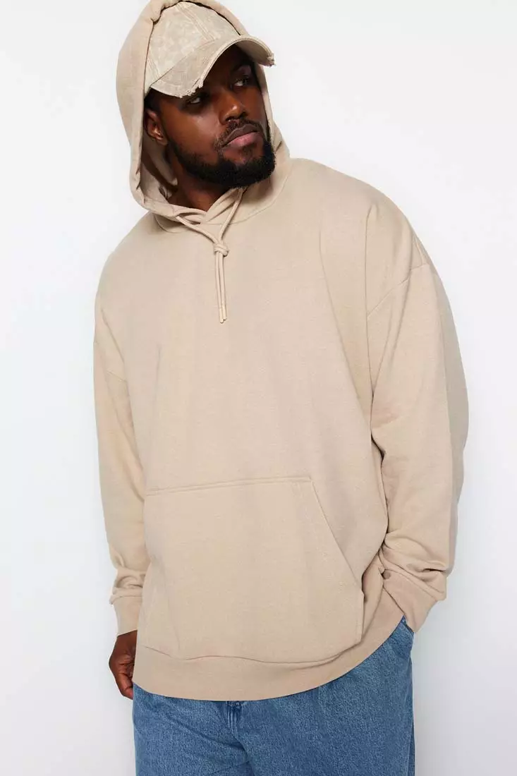 Light Beige Men's Plus Size Oversized/Wide Cut Comfortable Basic Hooded Fleece Cotton Sweatshirt.