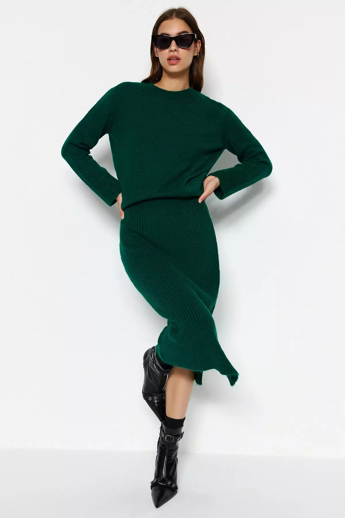 Crew Neck Knit Top and Skirt Set