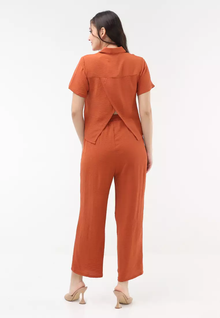 Wrinkled Thick Woven Short Sleeves Terno Pants