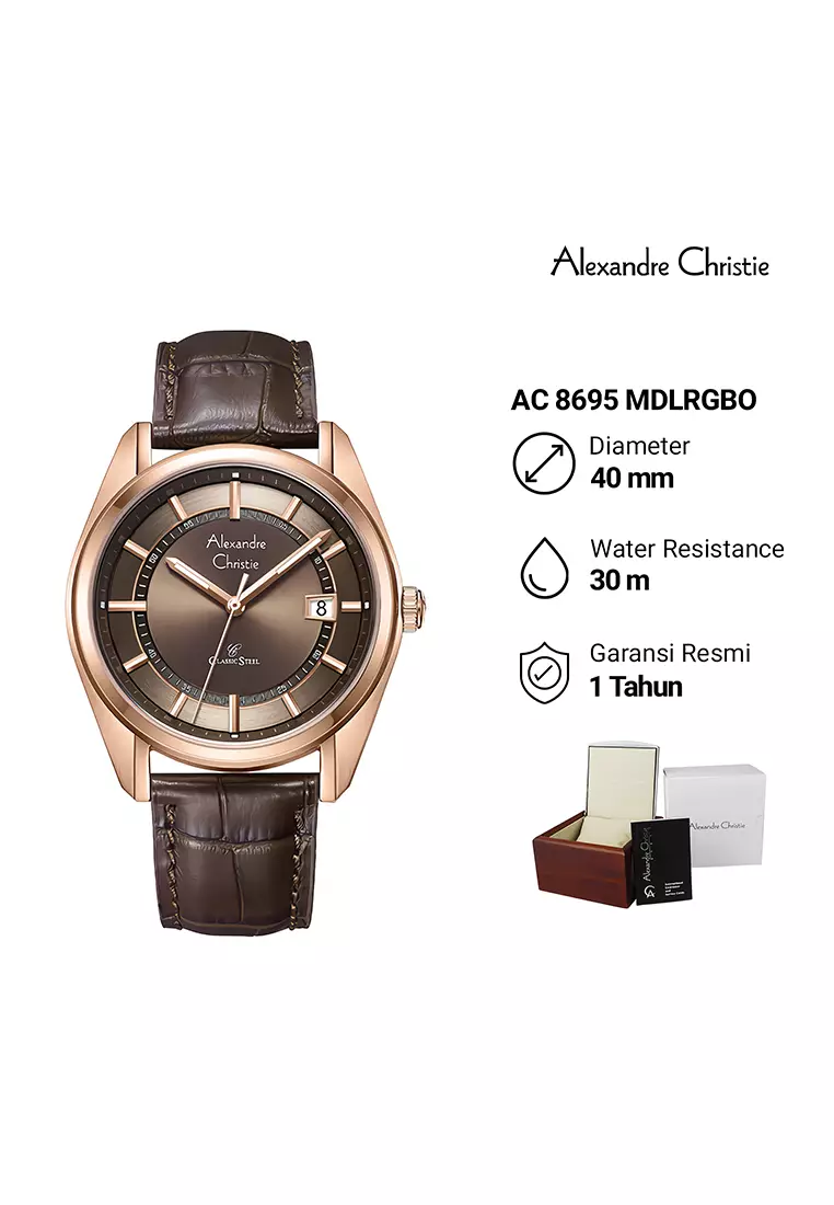 Alexandre Christie Classic Steel - Jam Tangan Analog Pria - Rosegold Case Brown Leather Strap - 8695MDLRGBO