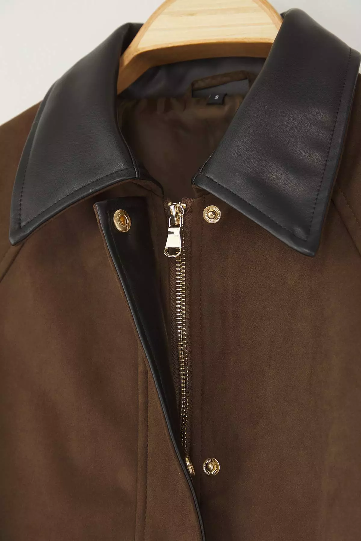 Brown Regular Pattern Collar Faux Leather Detailed Suede Thin Jacket Coat