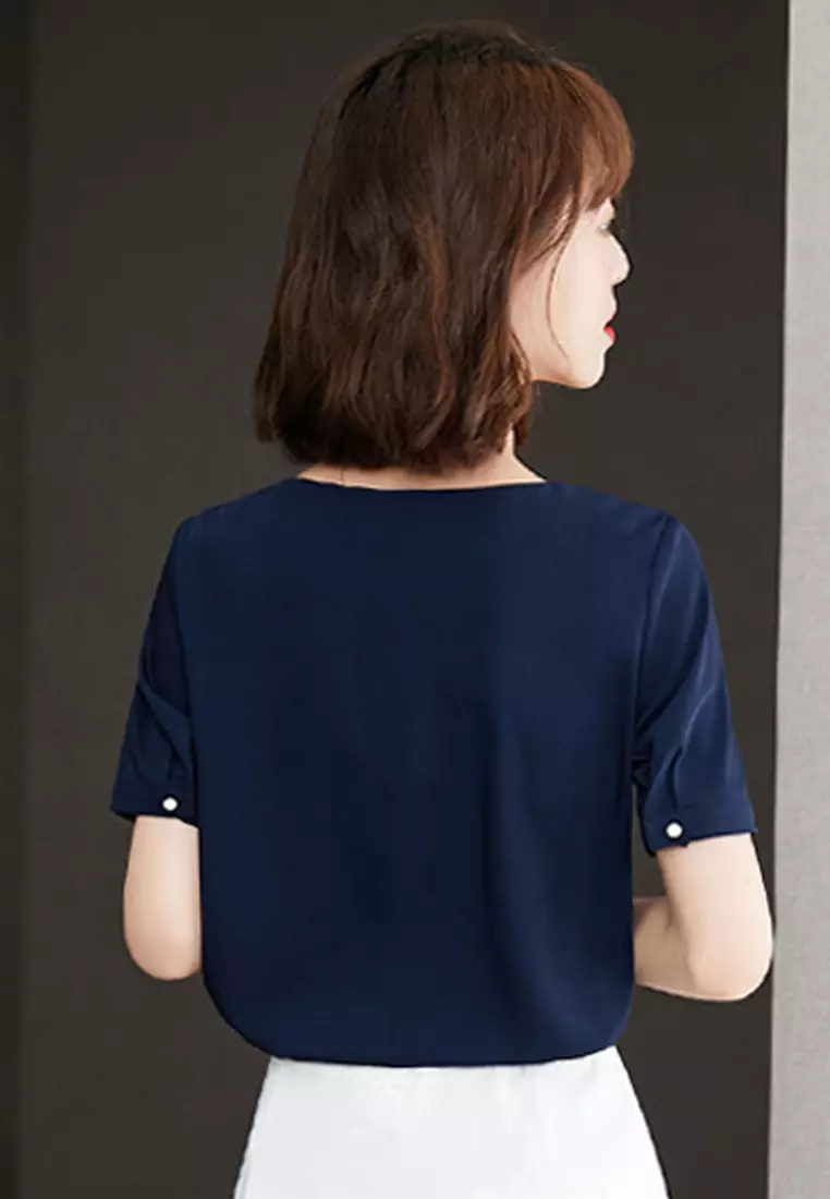 Western-Style Navy Blue Collar Loose Short-Sleeved Top A22022519BL