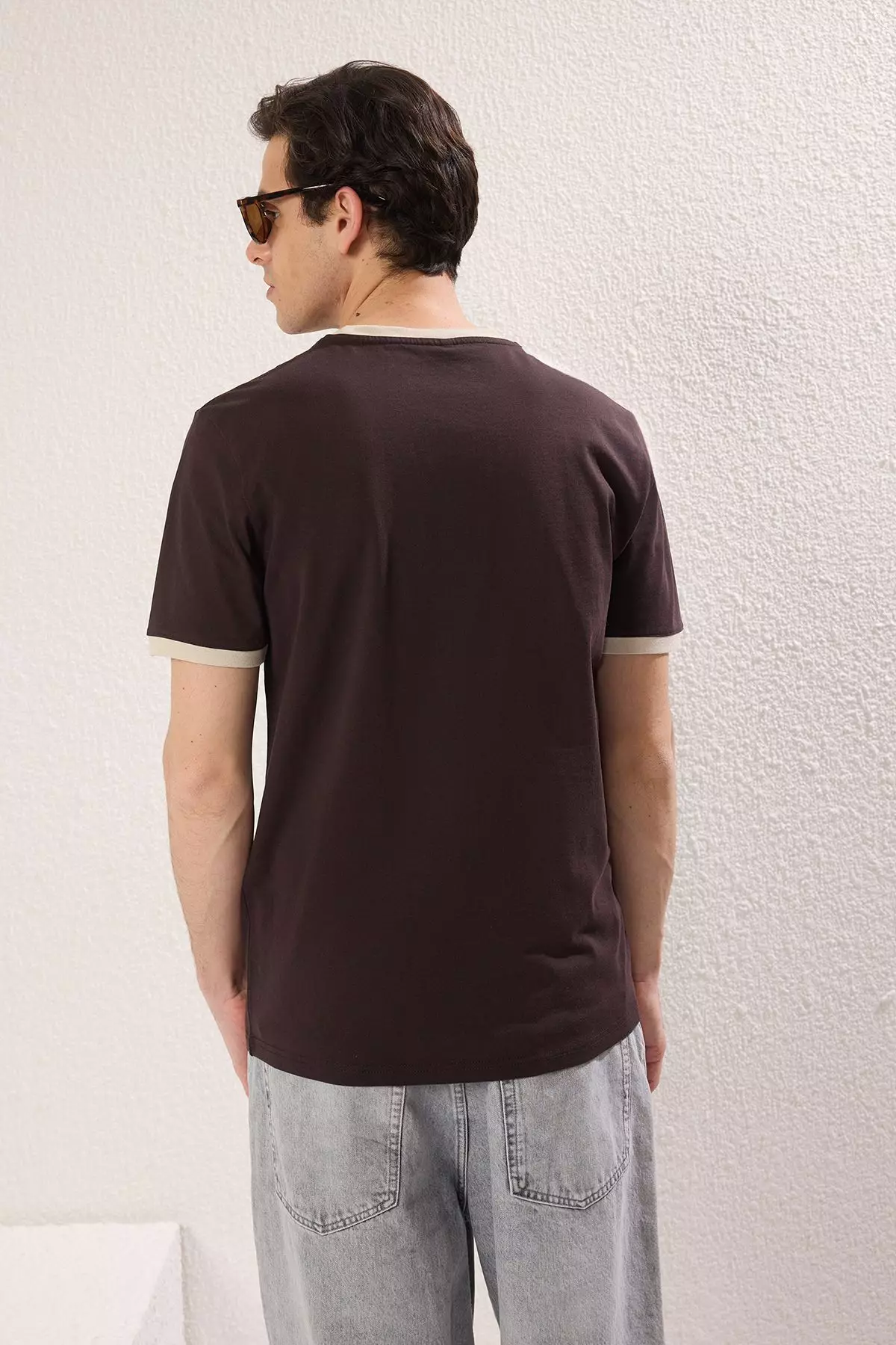 Brown Slim/Slim Cut Sleeve Detail Printed 100% Cotton T-Shirt TMNSS25TS00034