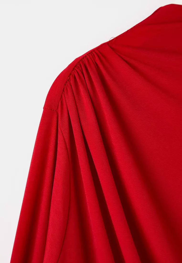 Red Sandy Ruched Detail Long Arm Knitted Large Size Blouse Tbbaw26Af00104