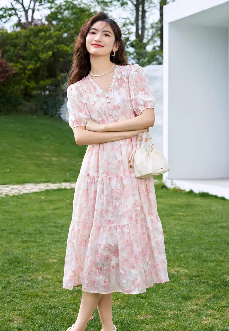 Puff Sleeve V-Neck Ruched Floral Dress with Waist Tie