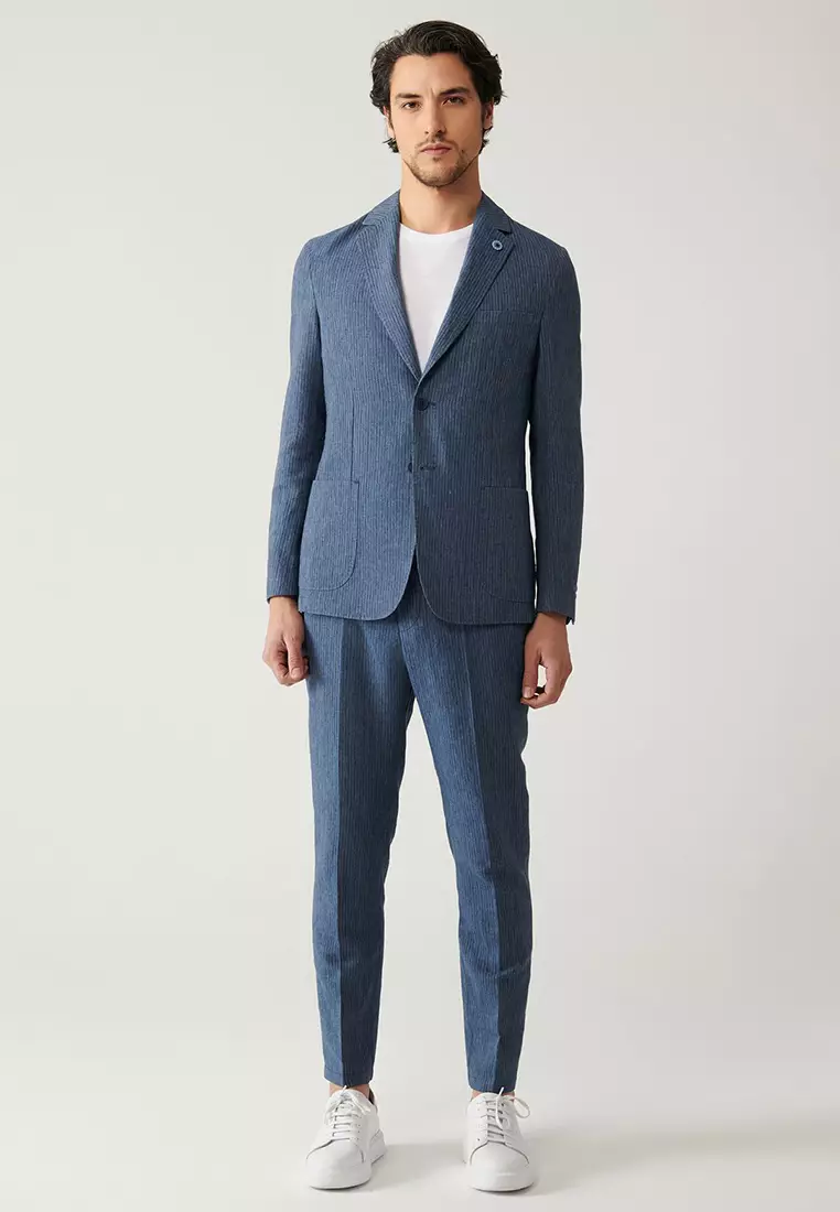 Men's Blue Unlined Linen Touch Suit Jacket A41Y4060