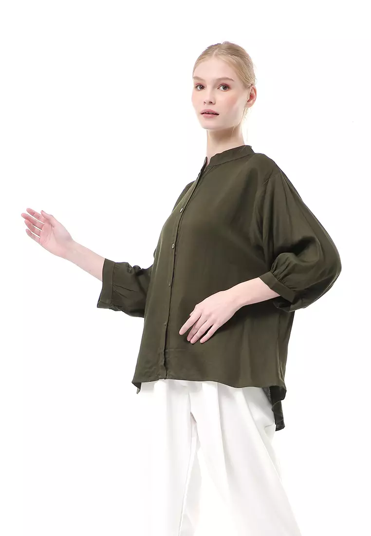 Ghita Kemeja Atasan Wanita Motif Polos Long Sleeve High Quality - Army